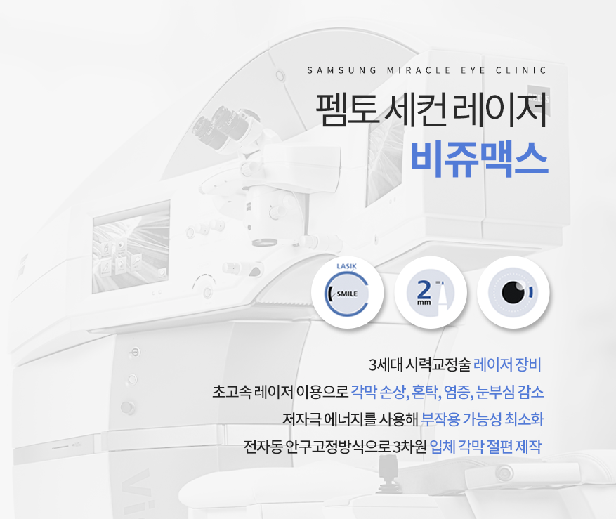 첨단 펨토 세컨 레이저 비쥬맥스. 3세대 시력교정술 레이저 장비, 초고속 레이저 이용으로 각막손상, 혼탁, 염증, 눈부심 감소, 저자극 에너지를 사용해 부작용 가능성 최소화, 전자동 안구고정방식으로 3차원 입체각막 절편제작